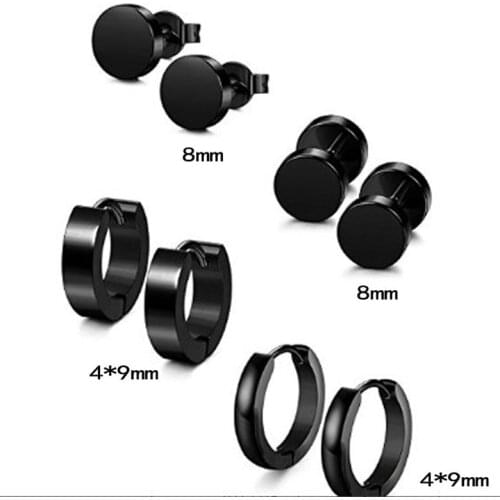 4 Pairs/ Set New Fashion Black Stainless Steel Earring Sets Small Hoop Earrings Women Mens Barbell Dumbbell Punk Gothic Round