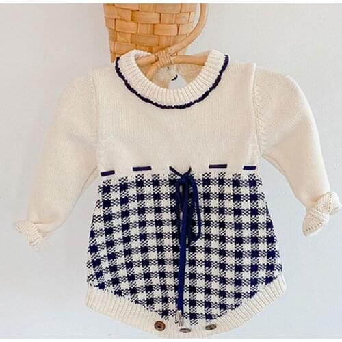 New Infant Baby Girls Grid Knit Rompers Clothing Autumn Winter Kids Girl Long Sleeve Rompers Clothes 0-2Yrs