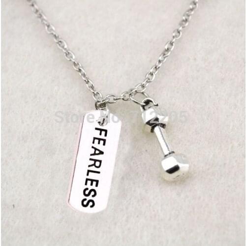 New Fitness Weightlifting jewelry Antique silver 30pcs a lot Dumbbell barbell and FEARLESS sport necklace(A1306)