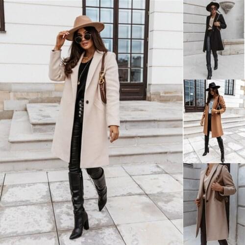 Autumn Winter Women Overcoat Casual Solid Lapel Slim Single Breasted Pocket Mid Length Coats Woman Trench Coat Plus Size Femmino