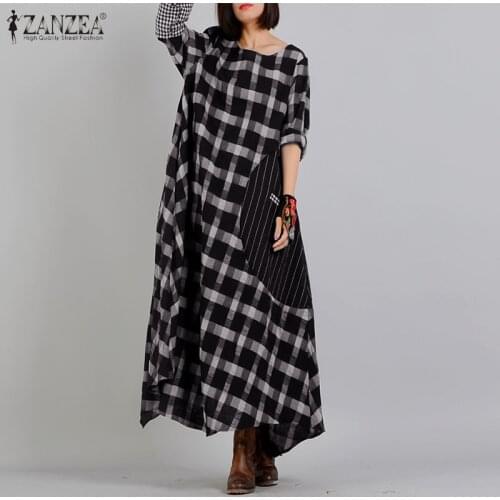 Women Check Patchwork Sundress ZANZEA Kaftan Asymmetrical Dress Spring Long Sleeve Maxi Vestidos Female Striped Robe Oversized