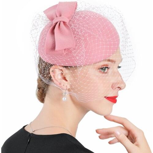 Pink Elegant Wool Felt Fedora Hat for Women Church Wedding Woman Hat Female Fascinator Veil with Bow Fashion Baby Fedora Girls