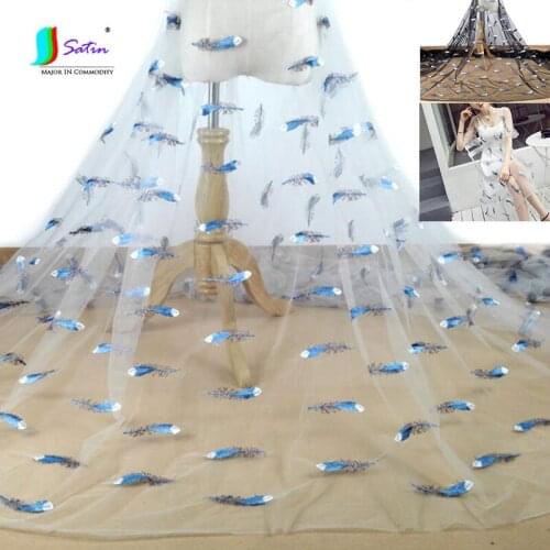 Blue,White Feather Pattern With White,Black Background Embroidered Yarn Fabric,Skirt Clothes Diy Feather Style Fabric S0813L