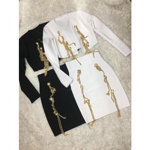 2020 Sexy Fashion Two Piece Set Solid Chains Bodycon 2 Piece Set Women Long Sleeve Spring Autumn Sets Bandage Dress High Quality