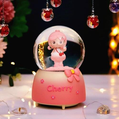 LED Night Light Cherry Girl Crystal Ball Floating Snowflake Music Box Birthday Present for Classmates Girls Room Table Decor LED
