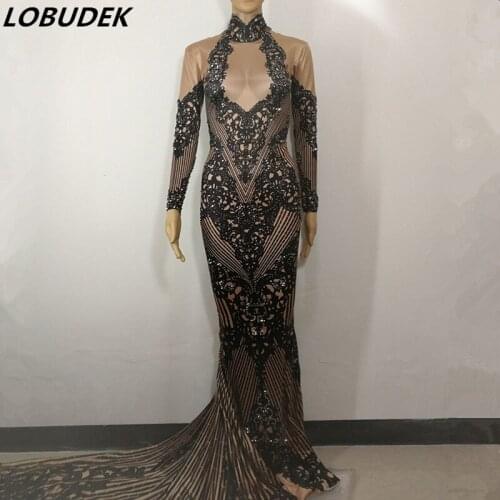 Formal Prom Female Party Celebration performance one piece dress Sexy long Mermaid Dress Bling Crystals stones slim dresses