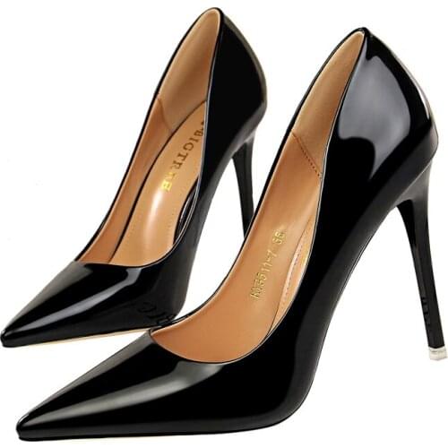 Womens Shoes Pointed Toe Women Thin Heel Shoes 10.5cm Heels Pointed Toe Patent Leather Wedding Party Shoes Woman Fashion-40