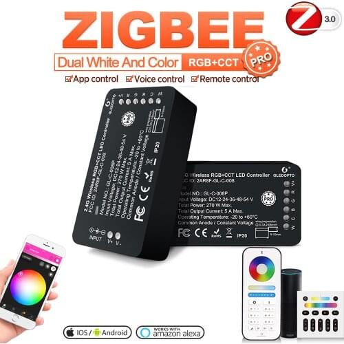 GLEDOPTO DC 12V 24V RGB+CCT Zigbee 3.0 smart LED strip Controller Pro + 6 Zone RF Remote Control For Echo plus smartThings HU-E