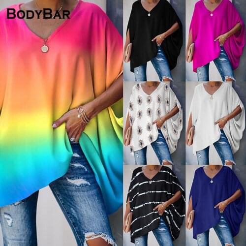 Rainbow Gradient Color Fashion T-shirt Oversize V-neck Clothing Tie-dye Printed Bat Long-sleeve Pullover For Women Loose T Shirt