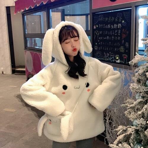 Winter Autumn Girls Women Cute Thicken Rabbit Plush Sweatshirt Hooded Long Sleeve Hoody Fashion Solid Velvet Female Clothes