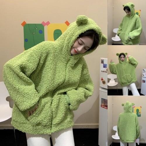 Women Cute Frog Eyes Zip Up Hoodie Jacket Fuzzy Plush Warm Oversized Loose Coat XX9D
