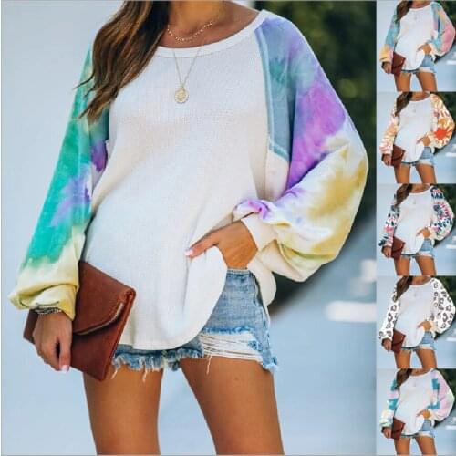 Autumn Winter O Neck Hoodies Women 2020 Tie-Dye Print Patchwork Bat Long Sleeve Casual Loose Tops Fashion Plus Size Sweatshirts