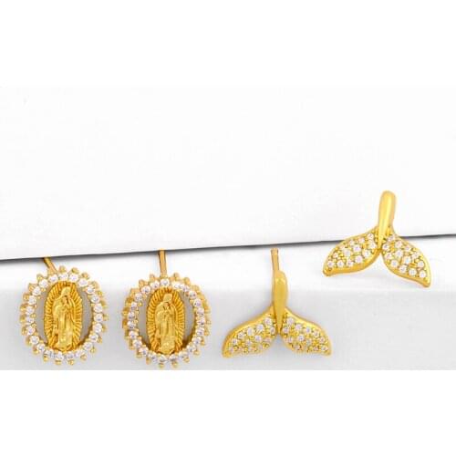 Small Virgin Mary Stud Earrings For Women Crystal Whale Dolphin Mermaid Tail Earring Studs Cute Pave Gold Filled Jewelry erst36