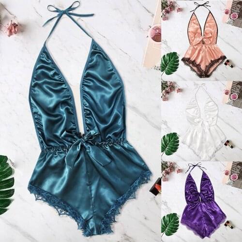 Female Lingerie Sexy V-neck Lace Stain Bow Lingerie Bodysuit Solid Color Onesies For Sexy Ladies Pajamas Silk Jumpsuit Female