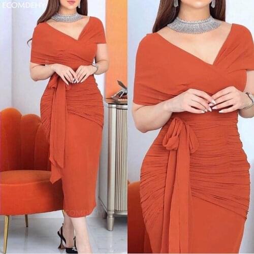 New Arrival Tea-length Evening Dresses V-neck Prom Dress Abendkleider Formal Party Gowns Robe Longue Vestidos de fiesta платье