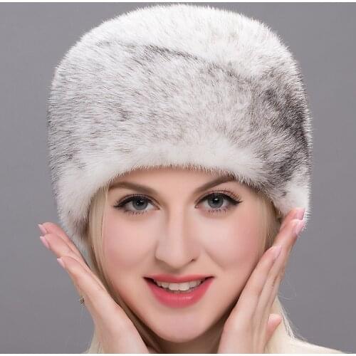 Winter Import Mink Fur Lady Whole Mink Warm Ear Cap Cross Windproof and Warm Keeping Simple Barrel Beret Mushroom Hat