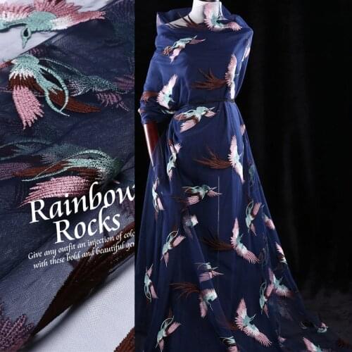 Navy mesh 3d birds embroidery cloth fabric lace