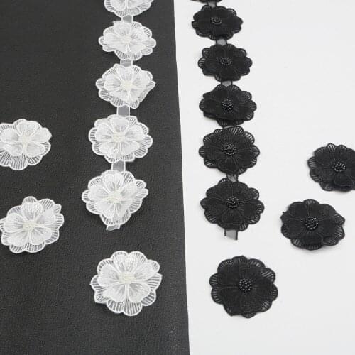 12pcs/yard White Pearl Flower Handmade Beaded Embroidered Lace Edge Trim Ribbon Double Layered Applique Dress DIY Sewing Craft