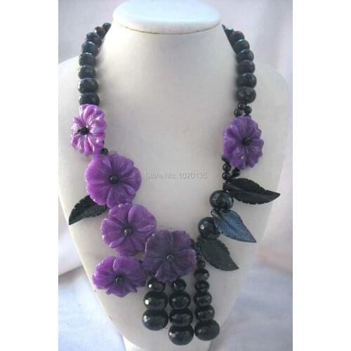 Black/purple agate flower and leaves necklace 23inch weholesale beads gift FPPJ hand make amazing