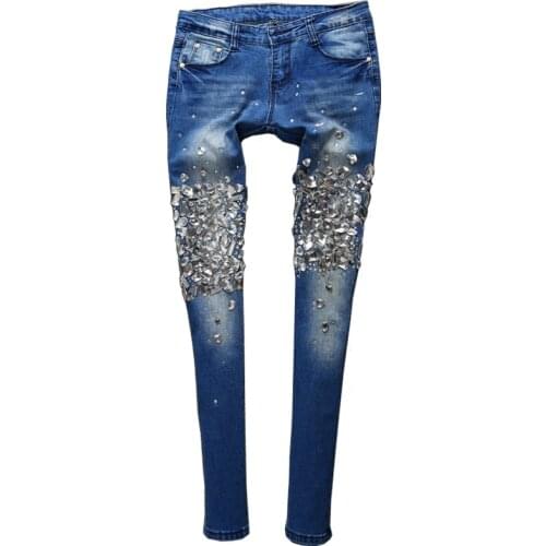 Plus Size 25-33!Women Luxury Rhinestones Diamond Jeans Women mid waist Skinny Stretch Pencil jeans