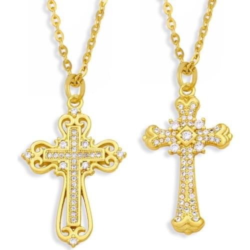 FLOLA Copper CZ Cross Necklace For Women Crystal White Stone Short Gold Chain Necklace Pendant Religious Jewelry nkew38