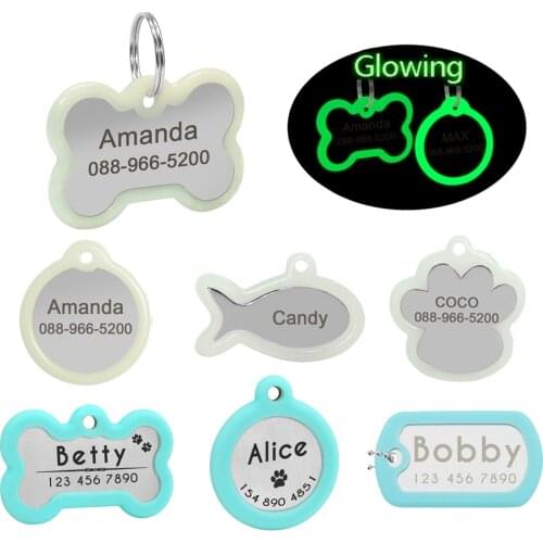Fluorescence Personalized Dog ID Tag Custom Engraved Dogs Tags Glow Light Pet Accessorries Bone Paw Fish Shape