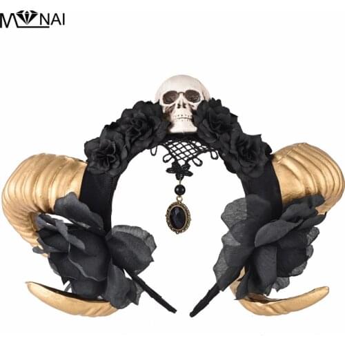 Handmade Gothic Lolita Sheep Ears Horn with Flowers Veil KC Headband Halloween Skull Hair Accessories Party Photography