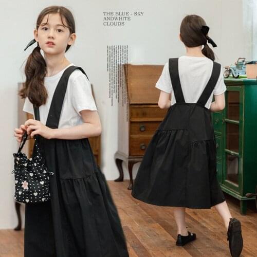 Teens Black Suspenders Skirt Set for Girls Summer 2021 Childrens Clothes T Shirt Two Pieces School Kids Clothing 8 10 12 Years