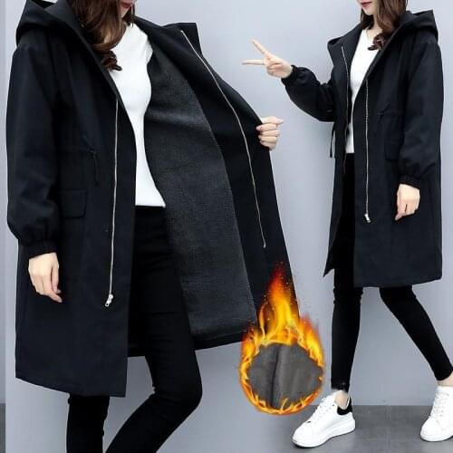 Thicken Windbreaker Womens Long Coat Winter Loose Hooded Jacket Autumn Casual Plus Velvet Female Black Trench Outwear Plus Size