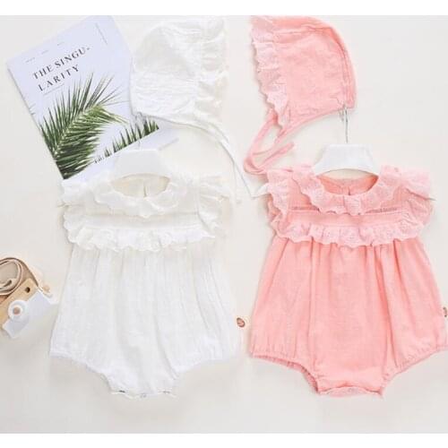 2021 Summer Newborn Toddler Girls Bodysuits Infant Baby Girl Lace Pink Sleeveless Bodysuit Jumsuits Outfits Hat Casual Clothes