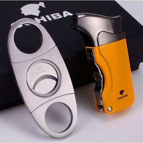 COHIBA Butane Windproof Lighter Metal Cigar Cutter and Cigar Drill Special Set Lighter Cigar Accessories Men Gift