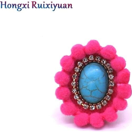 Fashion Ring Bohemian Rose Red Hair Ball Lace Crystal Leather Stone Lady Ring Charm Handmade Oval Ring Jewelry Gift