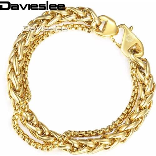 Davieslee Mens Bracelet Chain Curb Cuban Box Wheat Link Stainless Steel Double Chain Gold Silver Color 10-14mm LDBM01B