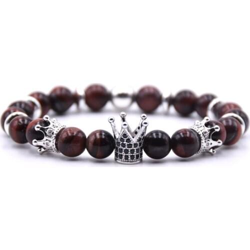 2019 New Trendy Micro Pave CZ King Crown Charm Bracelets Men Natural red tiger eye Stone Bead Bracelet pulseras