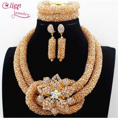 Champagne Nigerian Wedding Crystal Beads Bridal Jewelry set African Beads Jewelry Set Choker Necklace Bracelet Earrings N0039