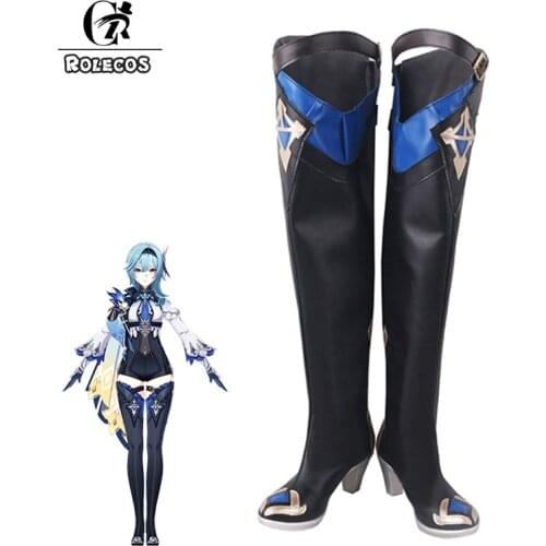 ROLECOS Genshin Impact Eula Cosplay Shoes Halloween Party Fancy Boots Over Knee High Black High Heel Leather Boots