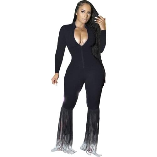 Clothing vendor Solid Color Tassel Hem Long Sleeve Jumpsuit Tassel Jumpsuit Women Skinny Jumpsuit Pants