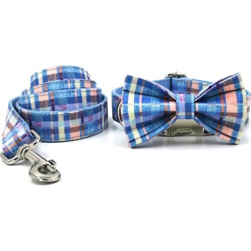 Puppy Collar and Leash Set Blue Plaid Personalized Name ID Dog Collar with Bow Designer Metal Buckle Quick Release Pet Collar XS