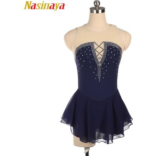 Nasinaya Blue Figure Skating Dress Ice Skating Skirt Spandex Womens girls