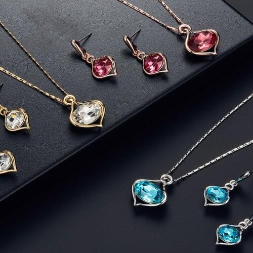 Luxury Sliver Women Jewelry Set Sapphire Ruby Gemstone Necklace Earrings Gold Heart Pendant Neck Chains Birthday Gift Dropship