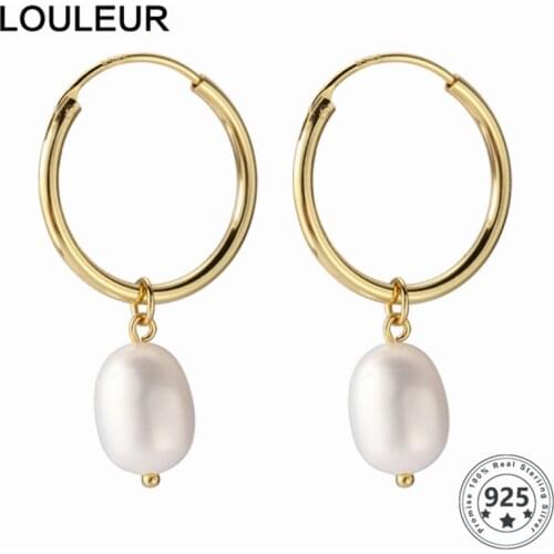 LouLeur Simple 925 Sterling Silver Drop Baroque Pearl Hoop Earrings Modern Design Earrings For Women Party Jewelry 2021 Trend