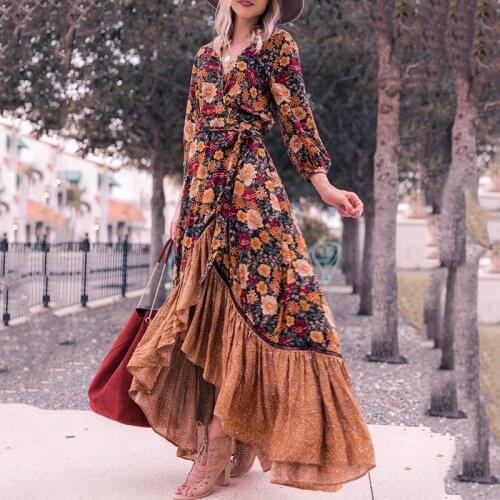Super CHic bohemian floral maxi dress V-neck ruffle long sleeve spring summer dress new chic boho dress 2021 boho beach dress