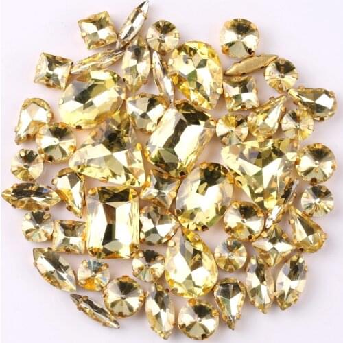 Gold claw setting 50pcs/bag shapes mix Jonquil glass crystal sew on rhinestone wedding dress shoes bags diy trim