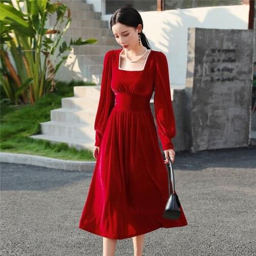 French Style Vintage Velvet Dress Autumn Winter Dress Women Lantern Sleeve Designer Runway Dresses Party High Quality Vestidos