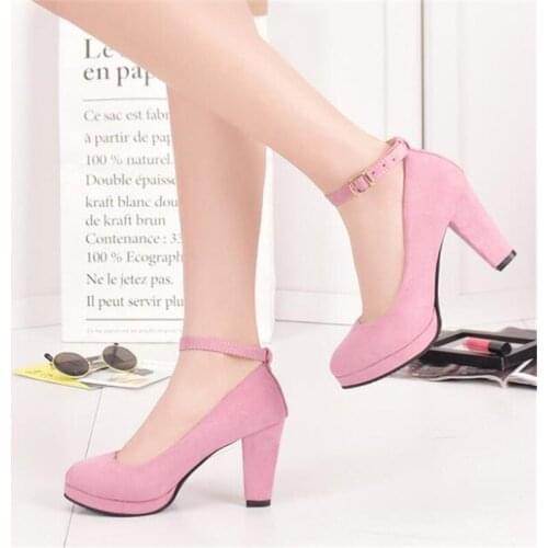 Spring and autumn high heel platform thick with round head etiquette high heel sweet suede single shoes word buckle shoes