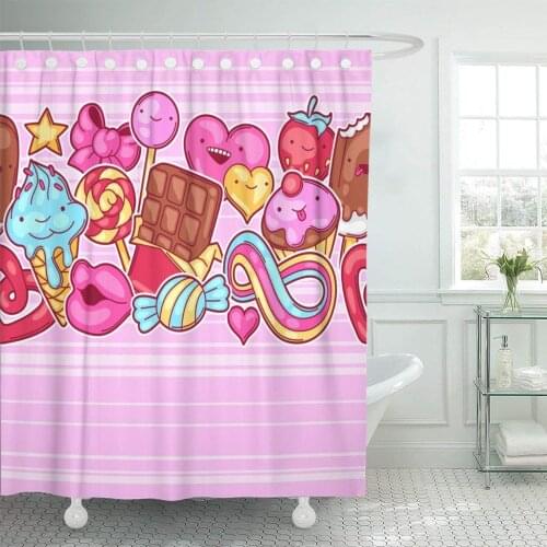 Colorful Kawaii Pattern Sweets and Candies Crazy Stuff Shower Curtain Waterproof Polyester Fabric 60 x 72 Inches Set with Hooks