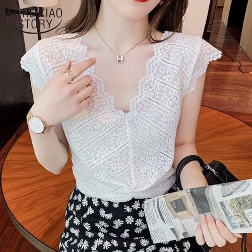Summer New V-Neck Hollow Lace Blouse Women Sexy Sleeveless White Shirt Slim Short Women Tops Clothing Blusas Mujer De Moda 14188