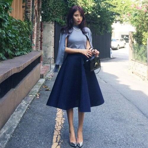 Korean Style Spring Summer Vintage Hepburn High Waist Thin Hollow Out A-line Blue Black White Lady Women Skirts