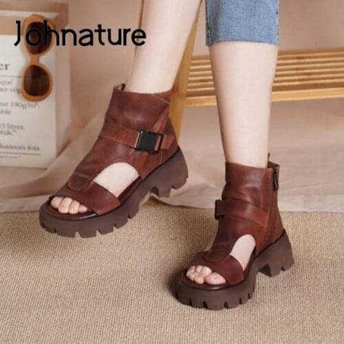 Johnature Retro Shoes Women Sandals 2021 New Summer Genuine Leather Zip Handmade Concise Sewing Leisure Platform Ladies Sandals