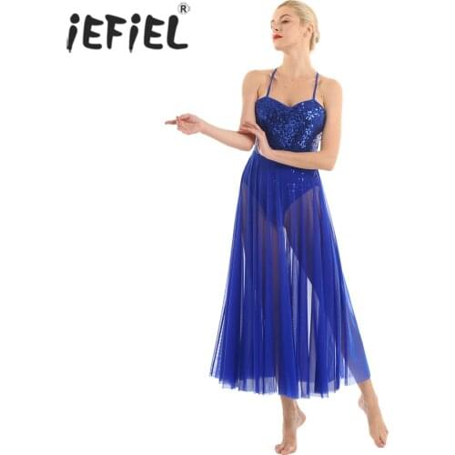 Women Adult Costume Spaghetti Strap Sleeveless Sequined Leotard Bodysuit Dancewear Dress with Split Mesh Maxi Ballet Dance Dress
